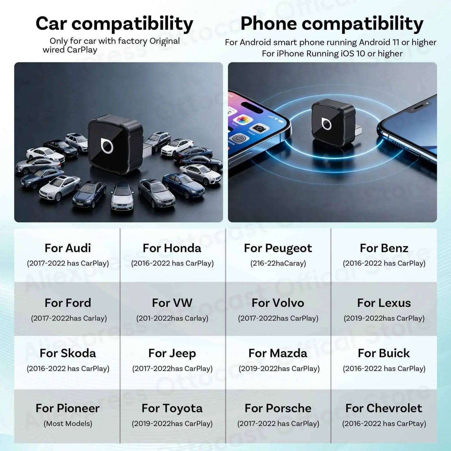 OTTOCAST 3‑in‑1 Mini Air Dongle Wireless CarPlay Adapter