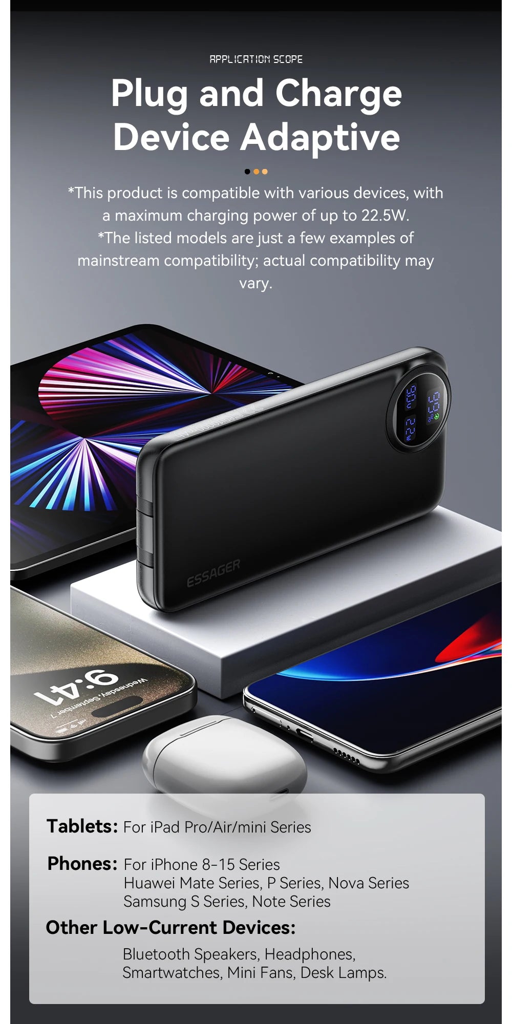ESSAGER 30000mAh Power Bank 22.5W PD Fast Charging Portable