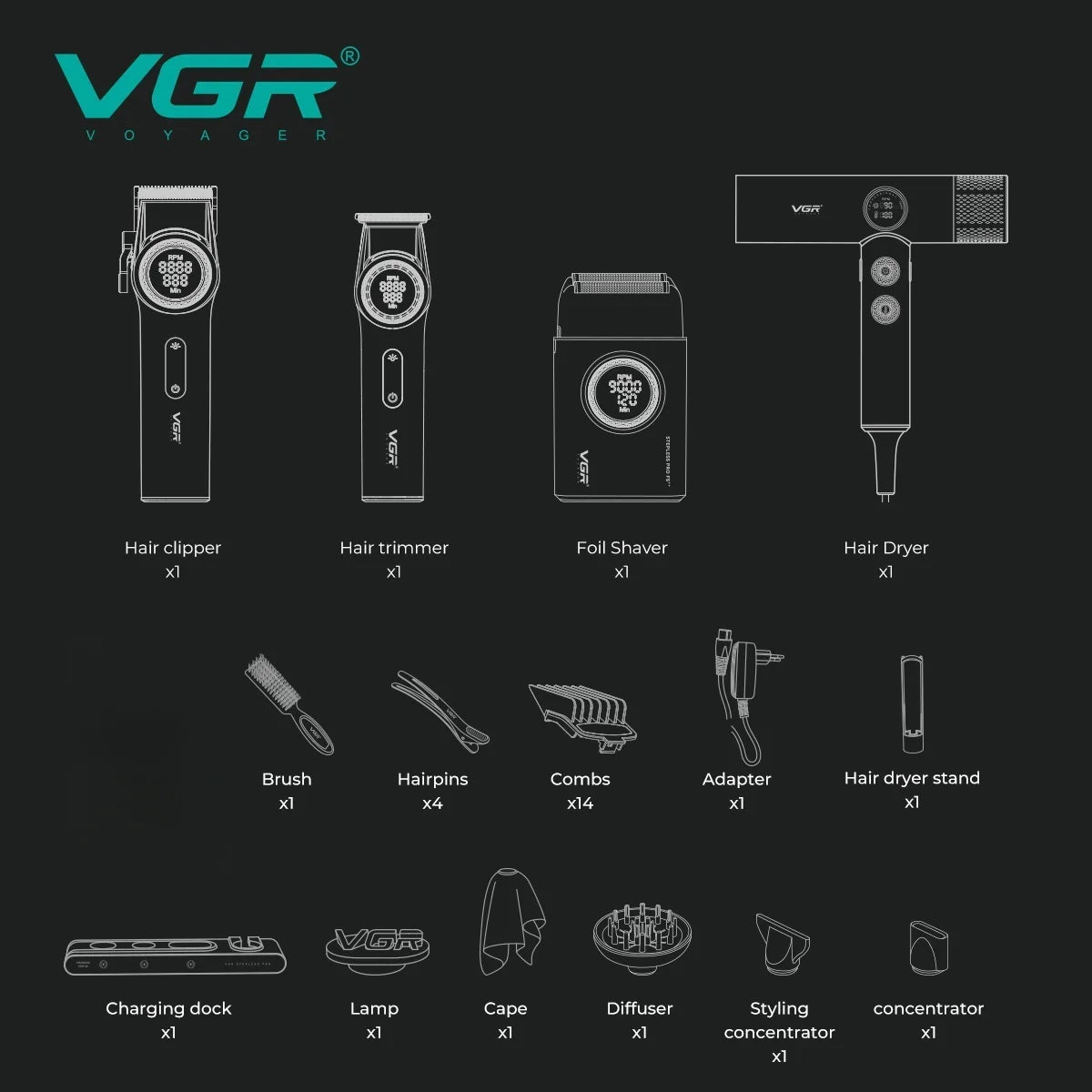 VGR Hair Cutting Machine Professional Trimmer Electric Hair Clipper Barber Shaver Hair Dryer Stepless Pro 4 in 1 Trimmer for Men