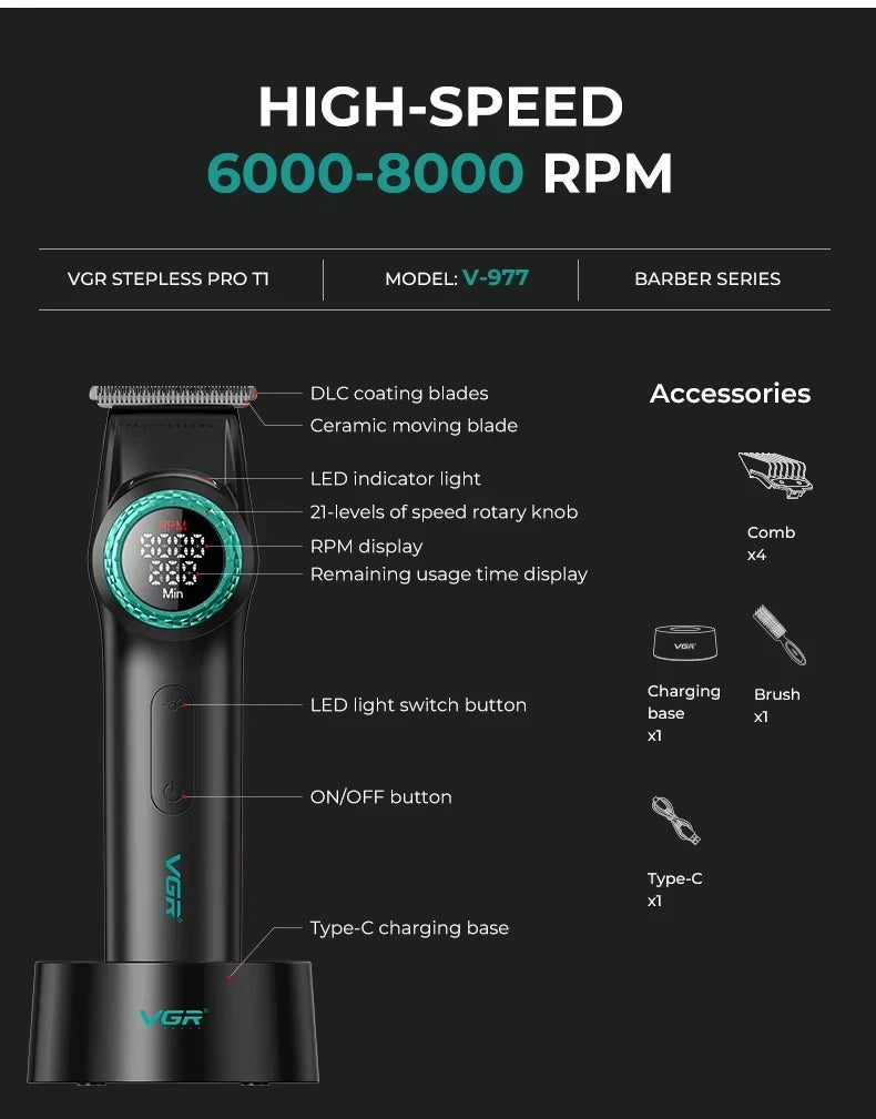 VGR Hair Trimmer Professional Hair Cutting Machine Electric Hair Clipper BLDC Motor Cordless Barber LED Trimmer for Men V-977