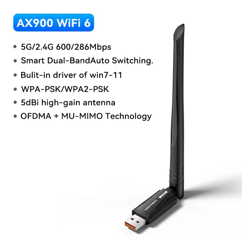Vention WiFi 6 AX900 USB Adapter | Dual‑Band 2.4/5GHz Wireless Dongle for Windows PC & Laptop