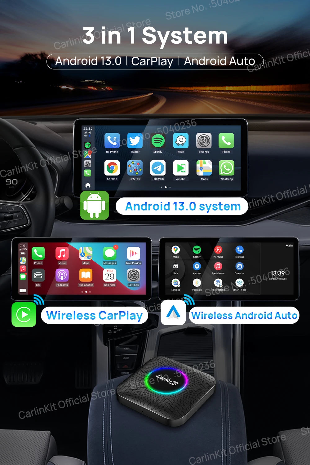 CarlinKit Android 13 LED/PLUS 8+128GB Wireless CarPlay AI Box