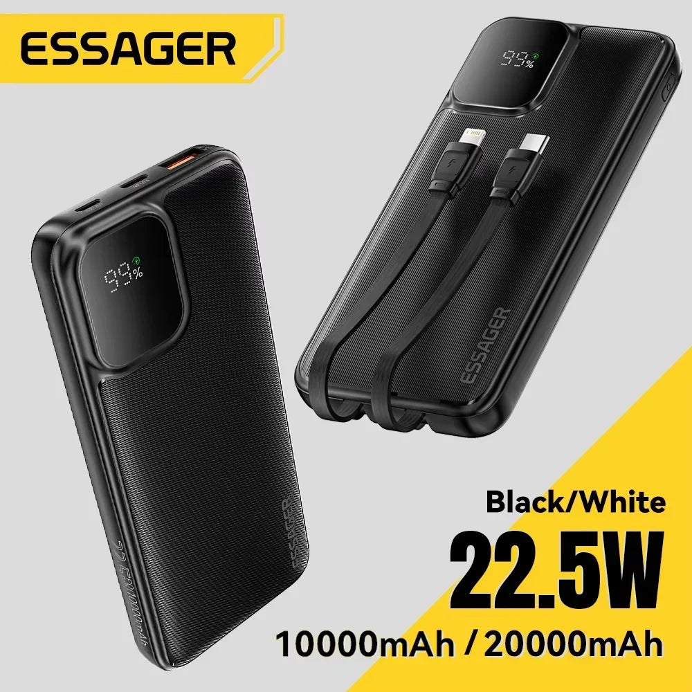 ESSAGER 20000mAh Power Bank with Two Built-in Cables 22.5W PD