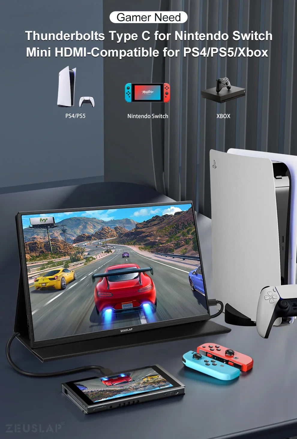 ZEUSLAP 14" Portable Monitor | 1920×1200 WUXGA, 16:10, 100% sRGB, 300 nits