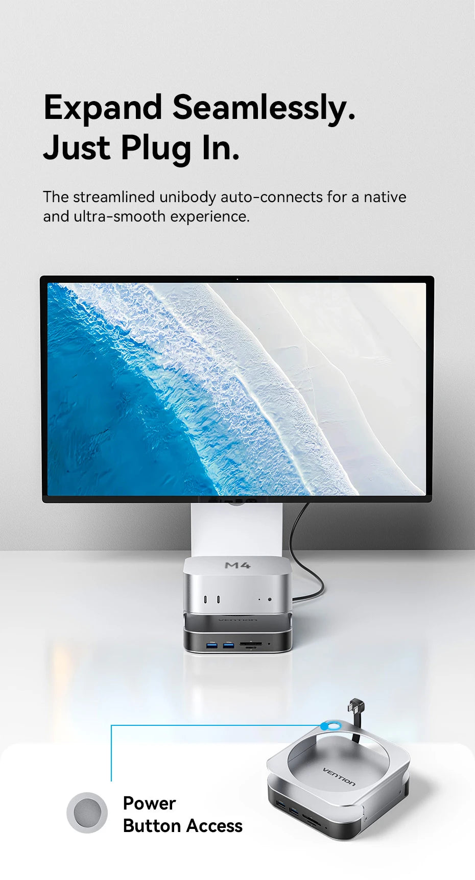 Vention USB‑C Dock for Mac Mini M4/M4 Pro | DP 4K240Hz, M.2 NVMe, USB 3.2 10Gbps, SD/TF