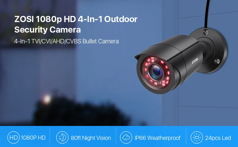 ZOSI 1080p 4‑in‑1 Security Camera – 2MP Outdoor Waterproof CCTV with 3.6mm Lens, 24 IR LEDs & 80ft Night Vision