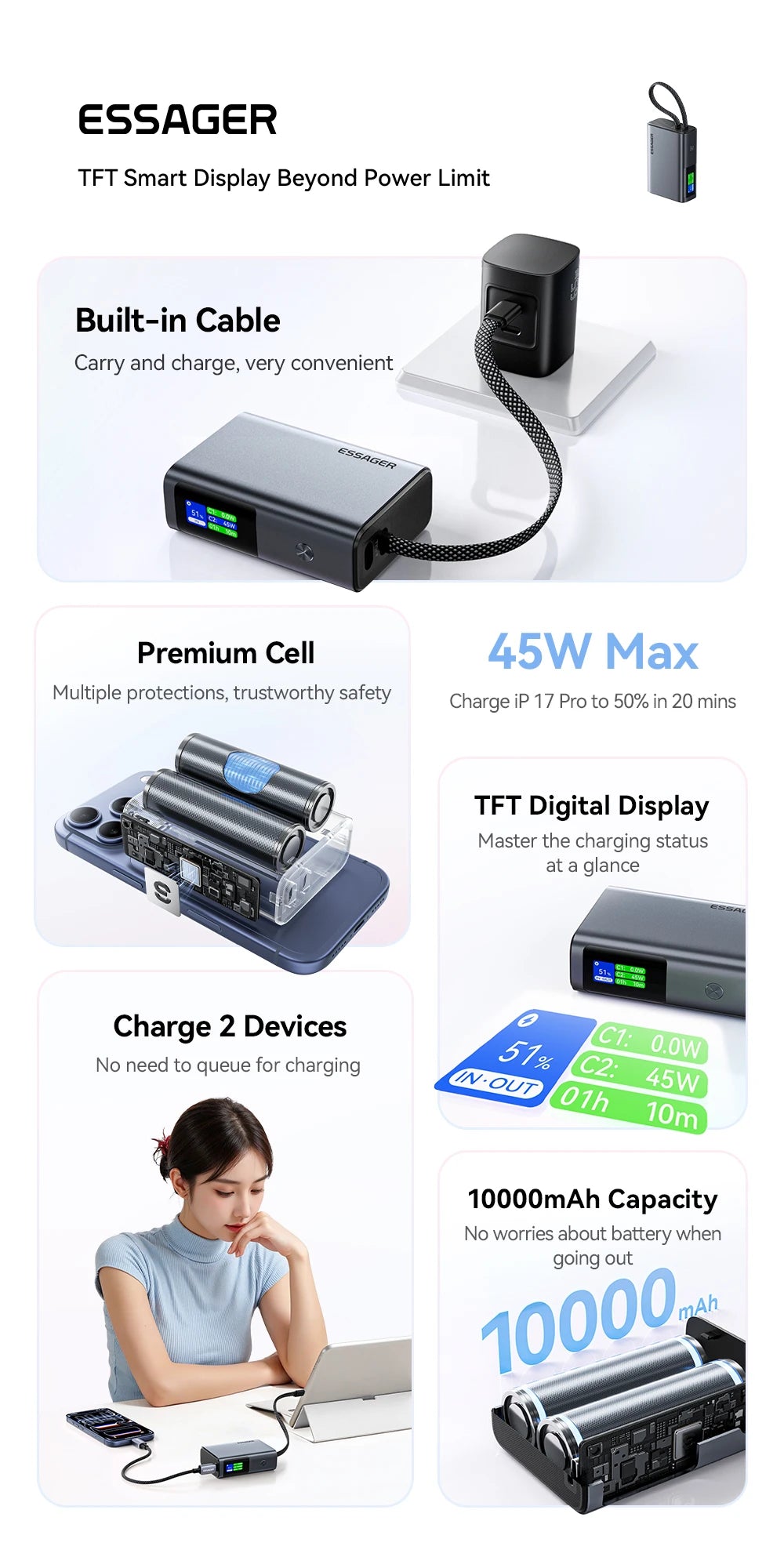 ESSAGER 45W Power Bank 10000mAh with Built-in USB-C Cable