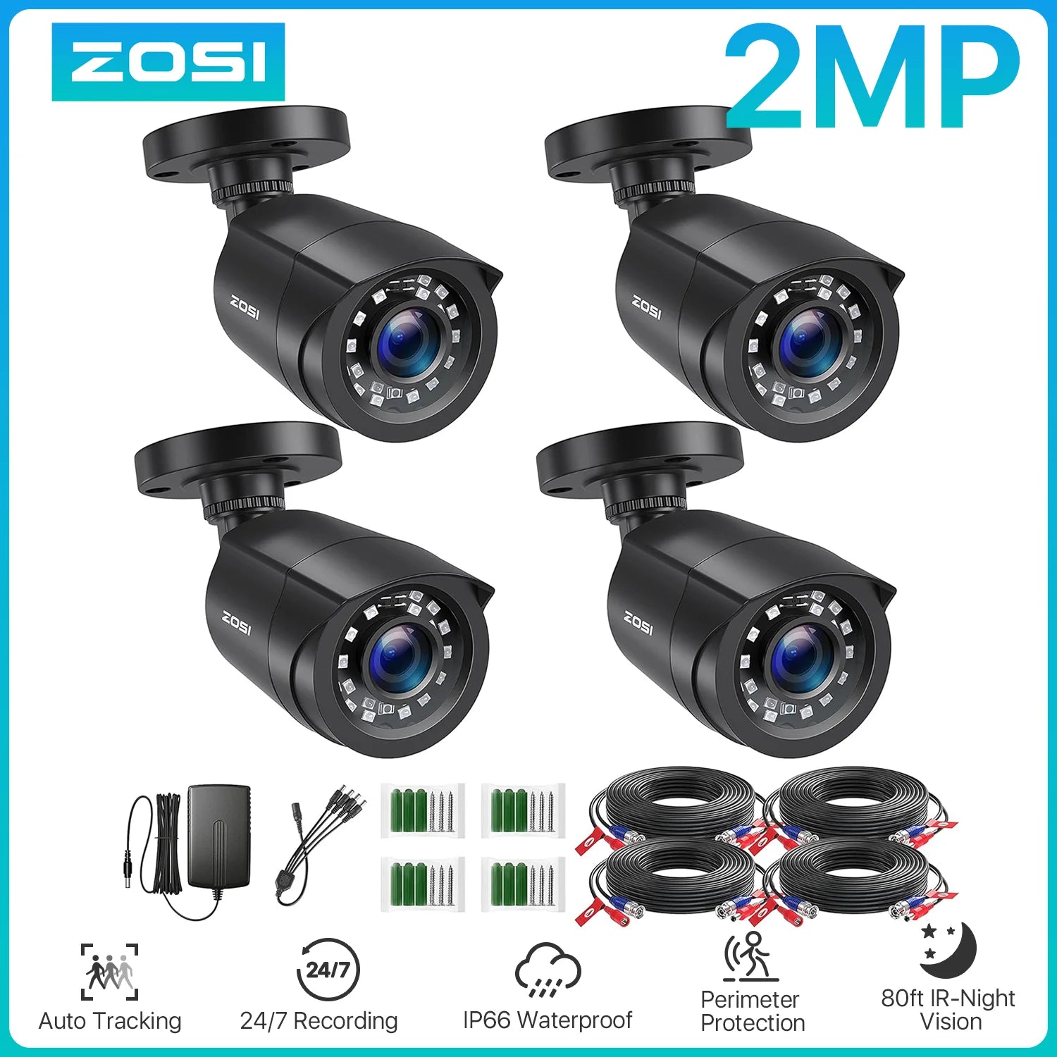 ZOSI 4× 1080p HD‑TVI Security Cameras – Outdoor Weatherproof CCTV Cameras with 80ft IR Night Vision