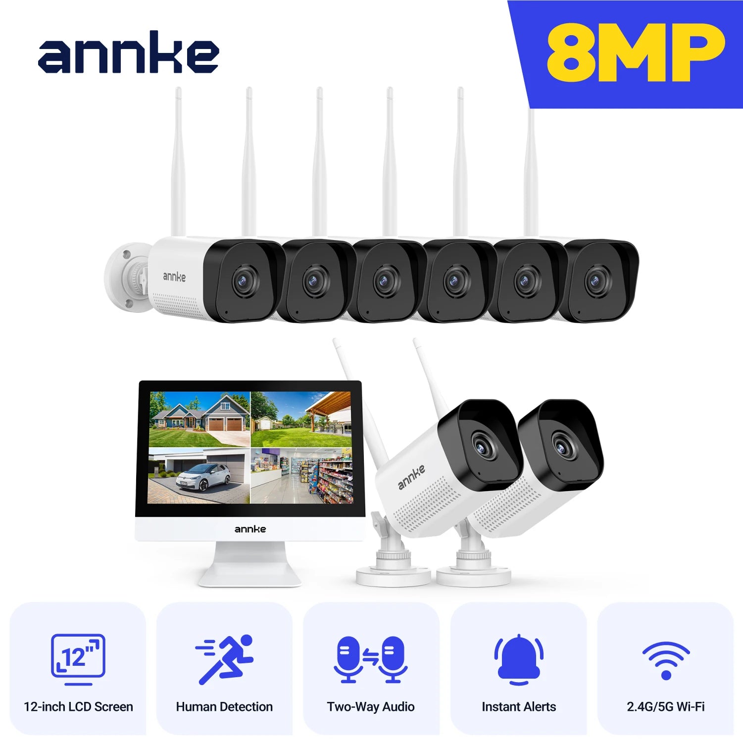 ANNKE 8MP 4K Wireless CCTV System | 10CH NVR, Dual‑Band WiFi, Two‑Way Audio, IR Night Vision
