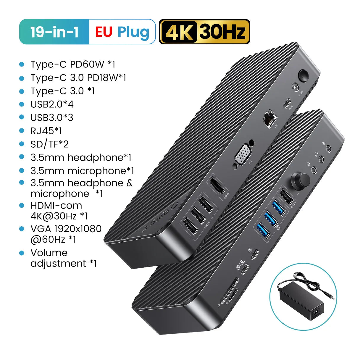 ORICO 19-v-1 USB-C namizna priklopna postaja s 4K HDMI, VGA, RJ45, PD polnjenjem