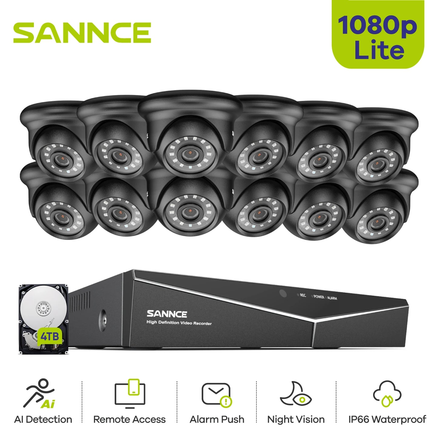 SANNCE 1080N 16CH DVR CCTV System | 12× 1080P Cameras, Outdoor Waterproof, P2P Remote Access
