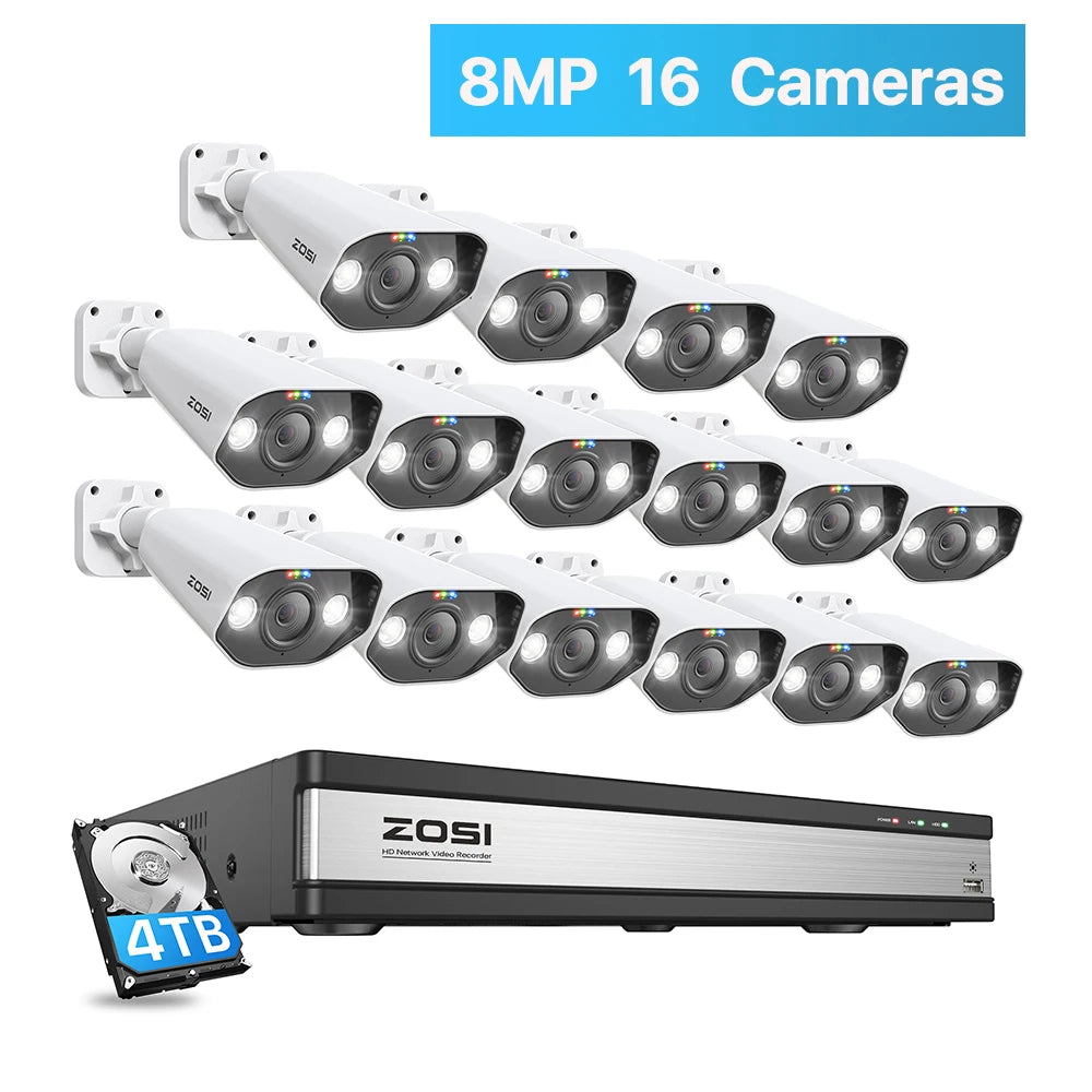 ZOSI 16CH 4K PoE Security Camera System – 8MP/5MP Outdoor IP Cameras with AI Person & Vehicle Detection