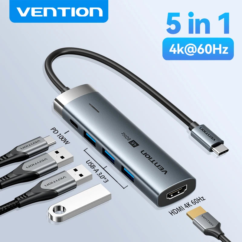 Vention 5‑in‑1 USB‑C Hub | 4K60Hz HDMI, USB 3.0, PD100W Multiport Dock for MacBook & Android