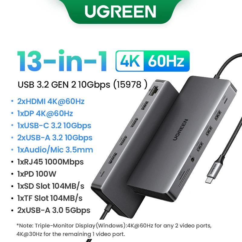 UGREEN 9‑in‑1 USB‑C Hub with 4K60Hz HDMI, 10Gbps USB Ports, Gigabit Ethernet, PD100W