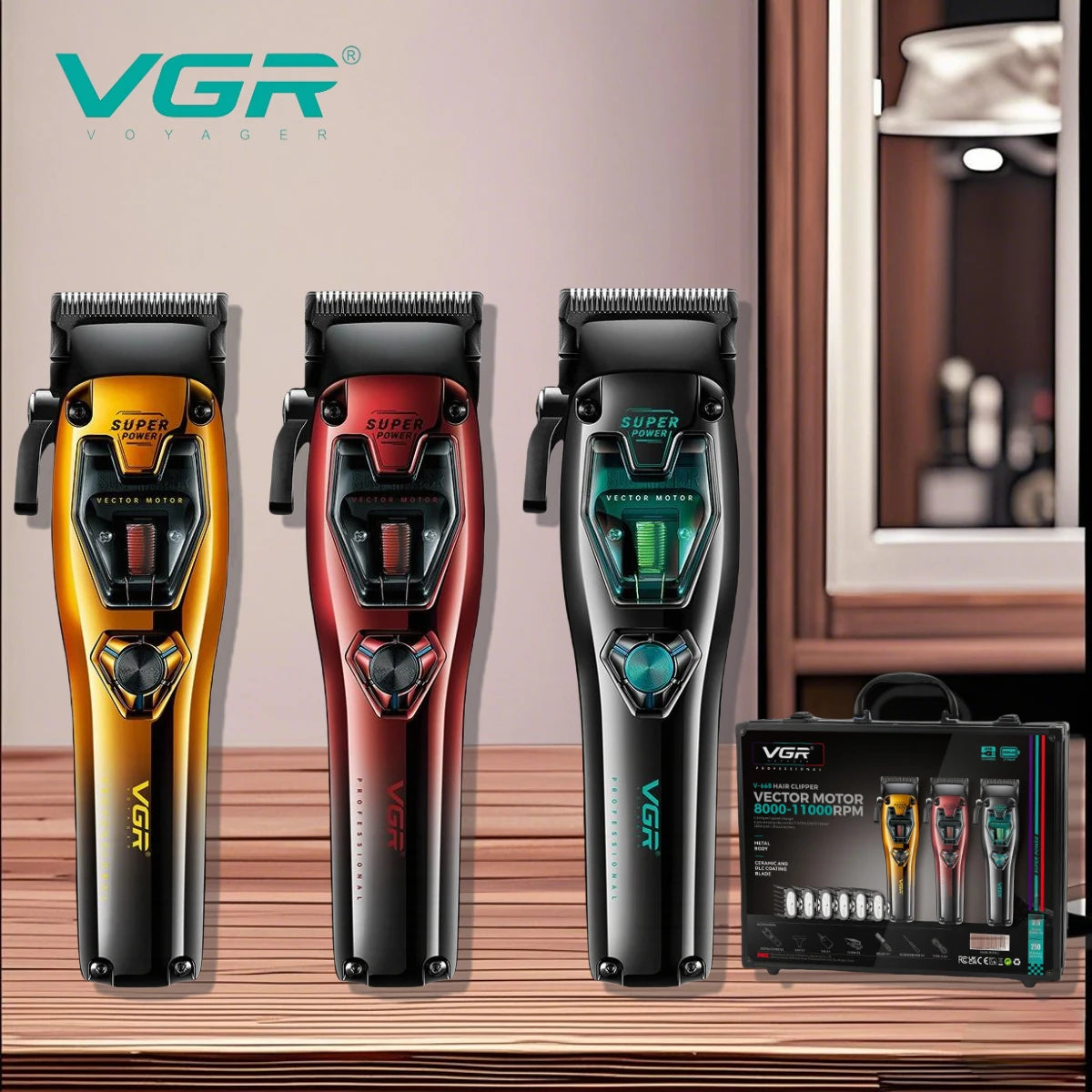 VGR Trimmer Cordless Hair Clipper Rechargeable Hair Cutting Machine Vector Motor Barber 11000 RPM Metal Trimmer for Men V-668