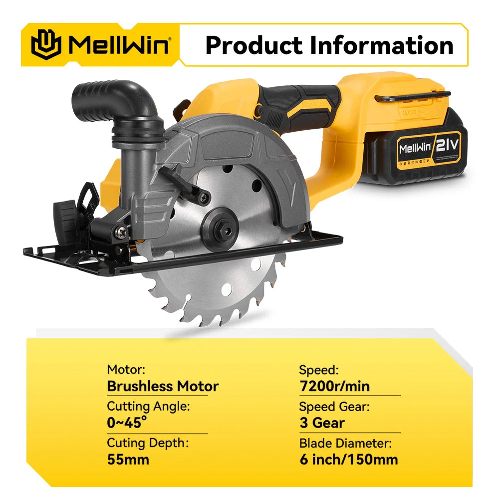 MELLWIN 150MM 6 Inch Brushless Circular Saw Handheld Multi-function Electric Saws Power Tool For Makita 18V Battery Pin - Limetastore