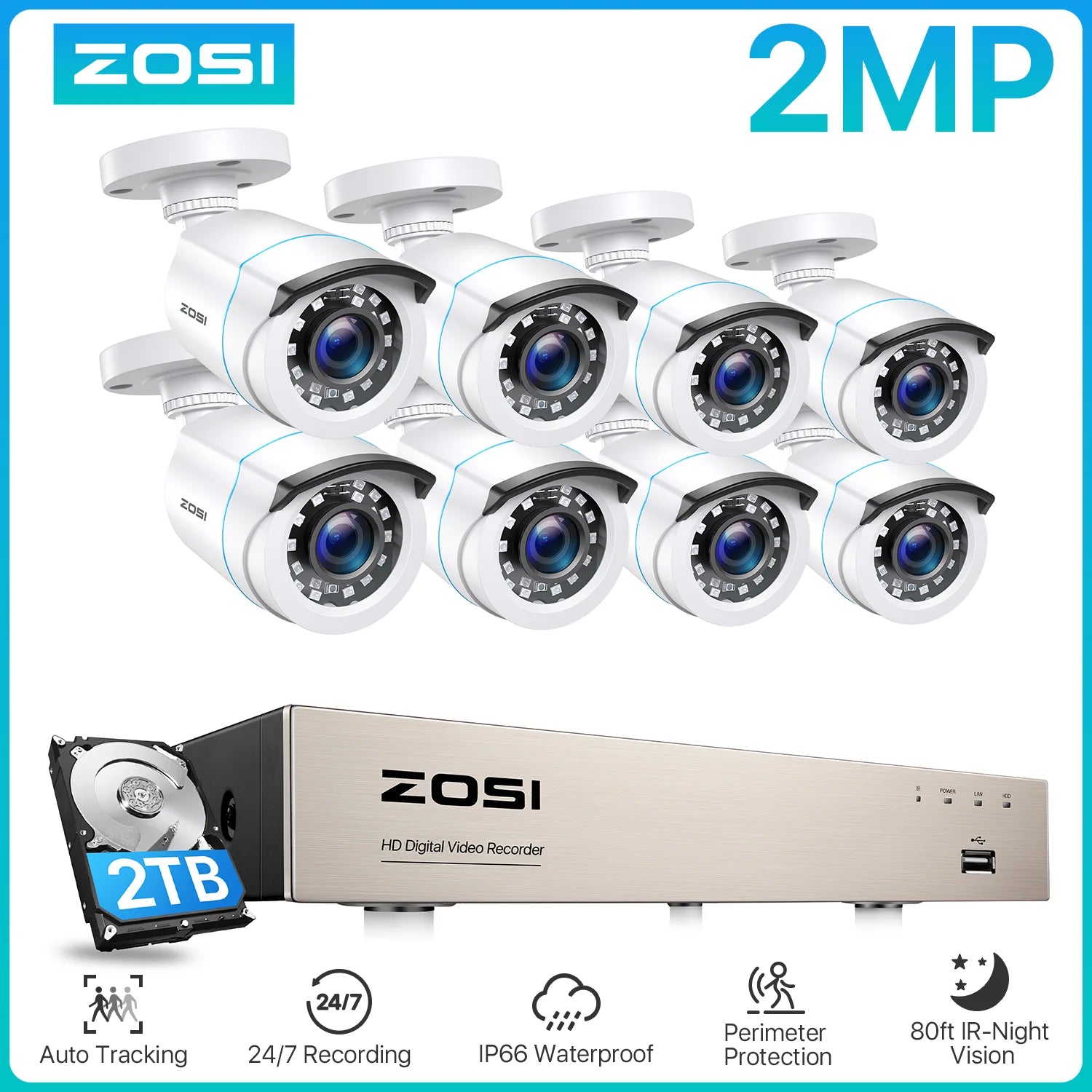 ZOSI 8CH 1080p Wired Security Camera System – H.265+ DVR with 8× 2MP Outdoor CCTV Cameras
