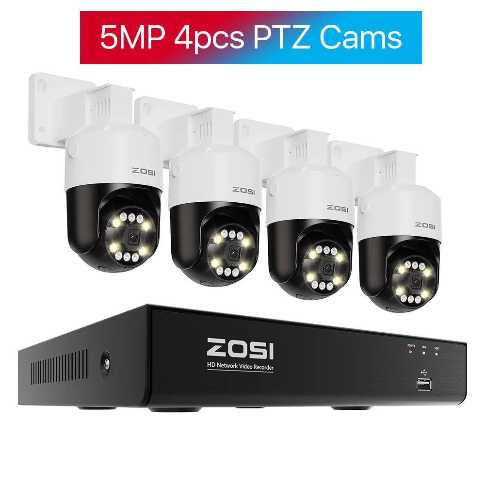 ZOSI 5MP PTZ PoE Security Camera System – 8CH 8MP NVR Kit with Two‑Way Audio | AI Face Detection