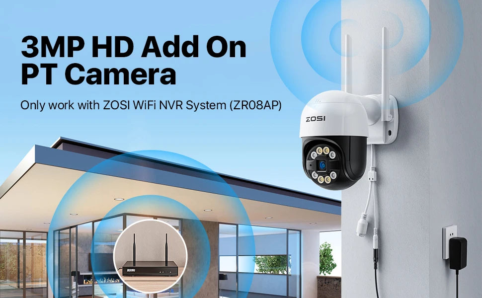ZOSI 2K 3MP Pan/Tilt Outdoor WiFi PTZ Camera – Add‑On Camera for ZOSI NVR Systems