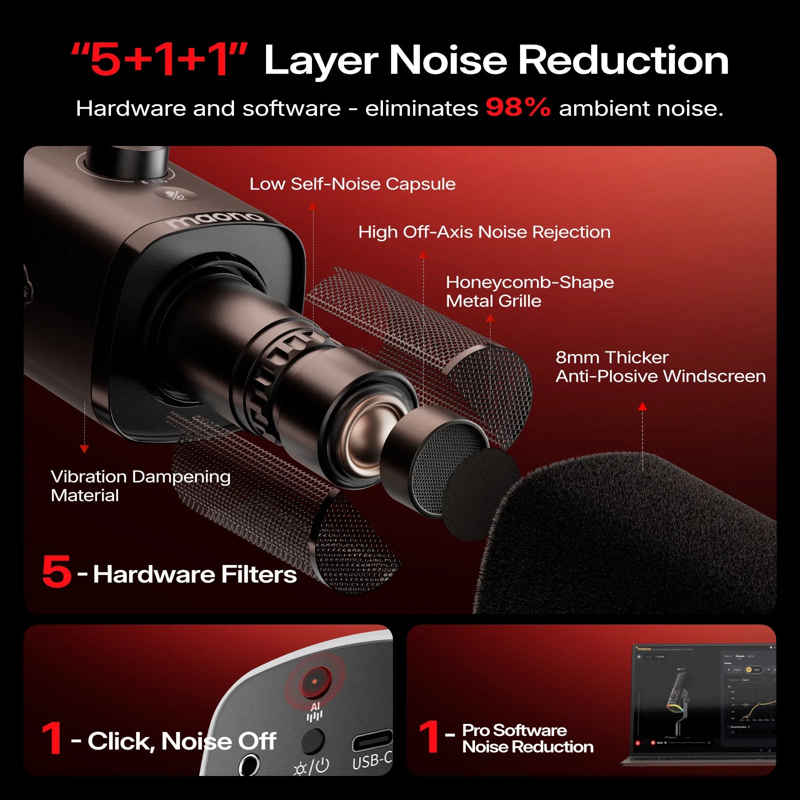 Maono PD100W – Wireless Dynamic Microphone | 50 m Range, One‑Touch Noise Reduction & RGB Lighting for Gaming, Streaming & Live Recording