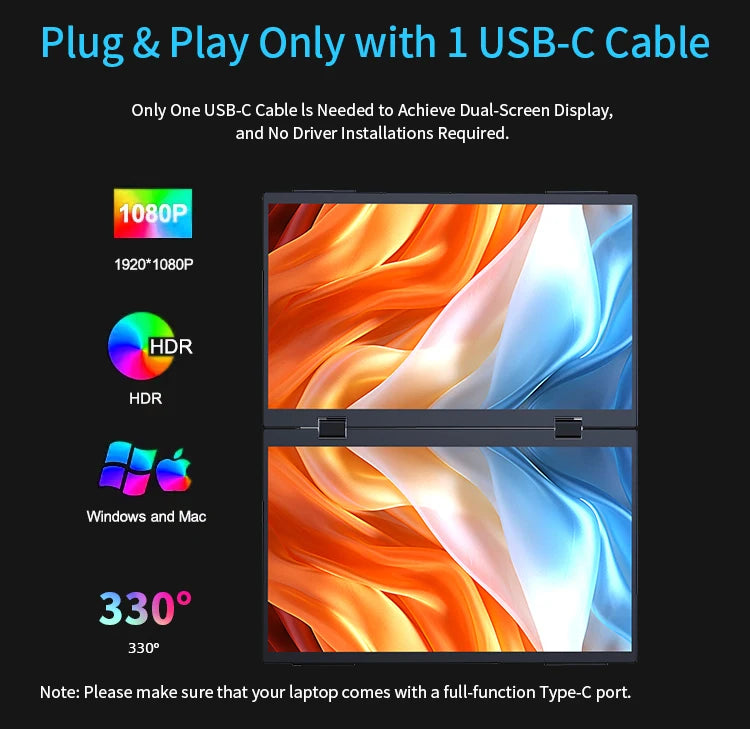 Sibolan 14-inch 1080p Portable Dual Screen Extender 120Hz 100% sRGB HDR 330° Rotation Folding Laptop Monitor For Gaming & Wins - Limetastore