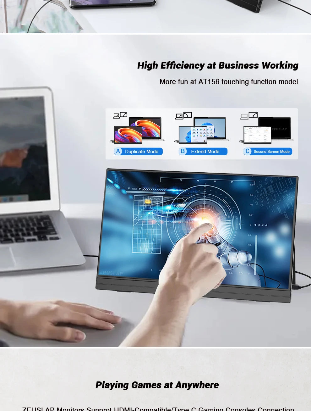 ZEUSLAP 15.6" Portable Monitor | Ultrathin 1080P FHD HDR IPS, Touch/Non‑Touch, USB‑C & HDMI