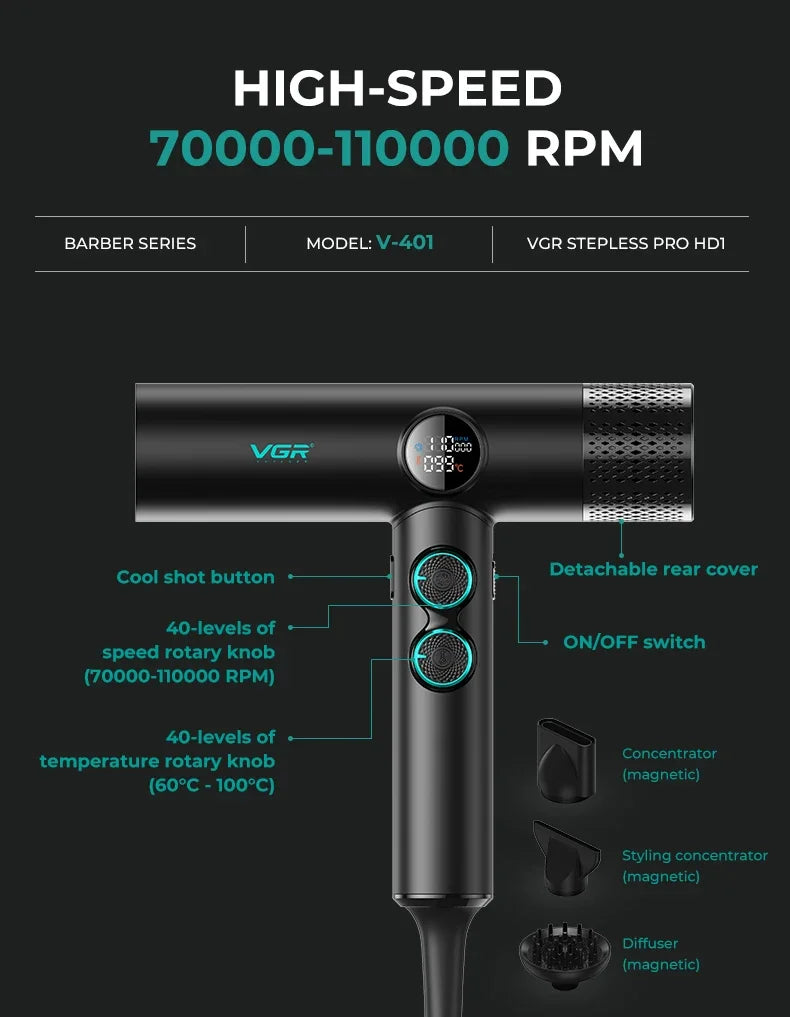 VGR Hair Dryers Professional Hair Dryer Machine Negative Ion 110000 RPM Air Blower Barber Salon BLDC Motor Home Appliance V-401