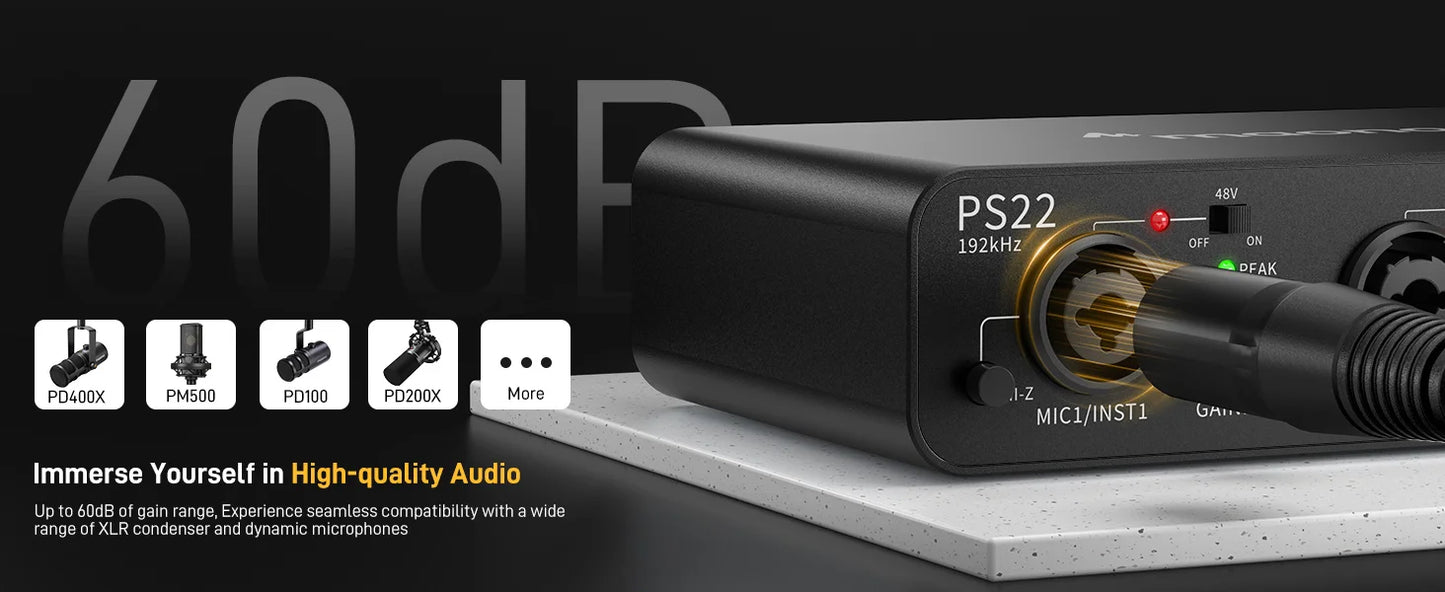 Maono PS22 – USB Audio Interface 24‑bit/192 kHz | 60 dB Pro Preamp, Dual USB, Low‑Noise Recording for Home Studio, Podcast & Streaming