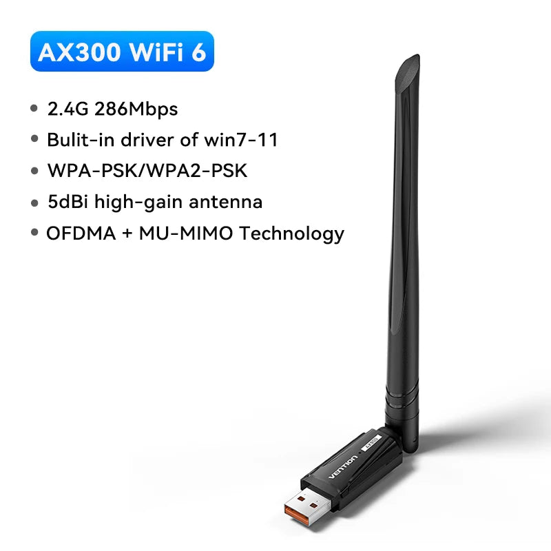 Vention WiFi 6 AX900 USB Adapter | Dual‑Band 2.4/5GHz Wireless Dongle for Windows PC & Laptop