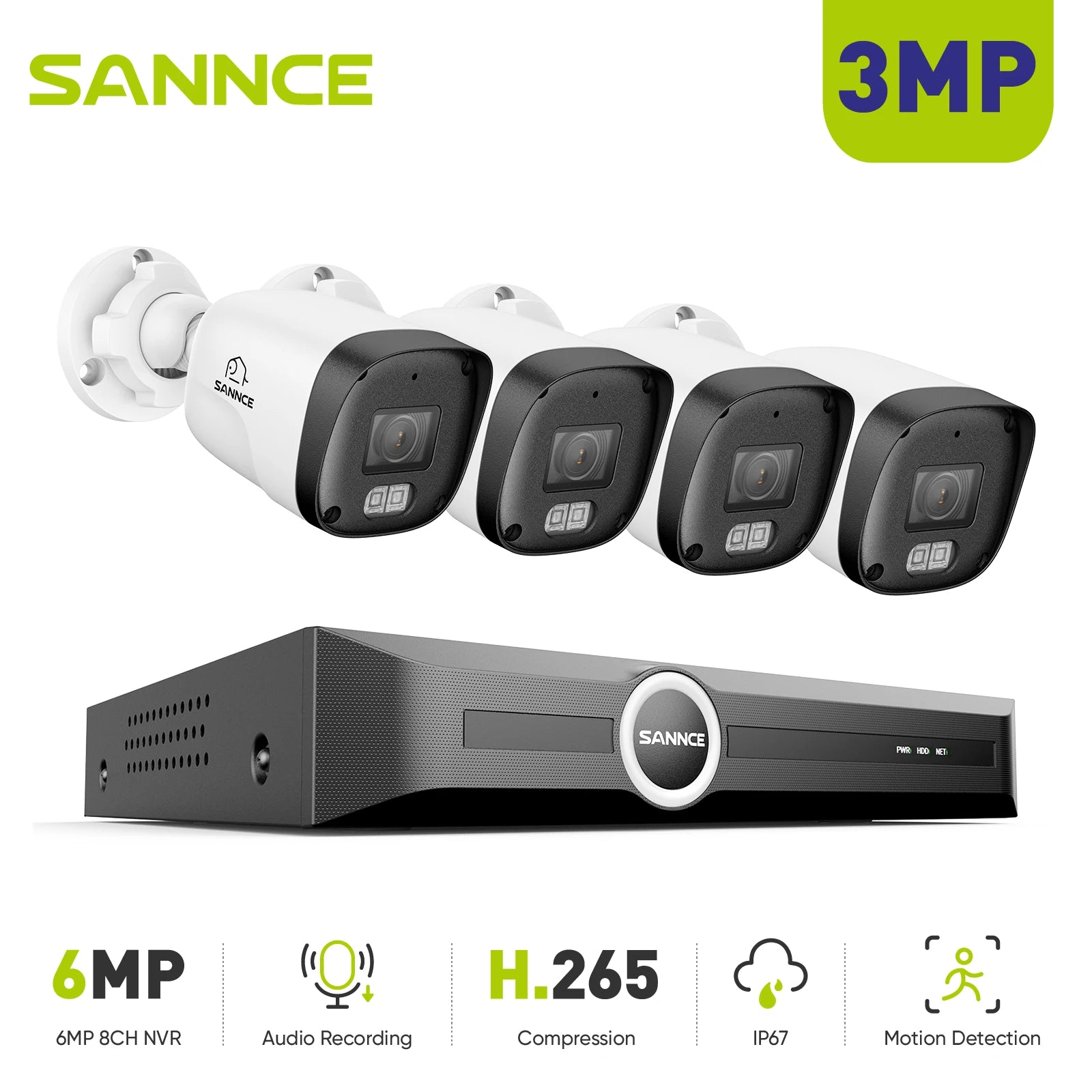 SANNCE 3MP/5MP PoE CCTV System | 8CH H.265 NVR, Audio, ONVIF, Night Vision