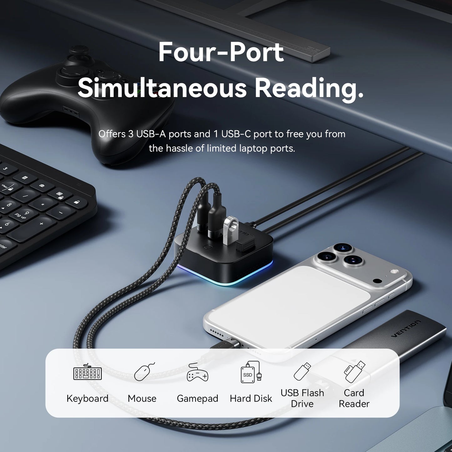 Vention USB 3.0 / USB‑C 3.2 Gen1 RGB Hub | 4‑Port 5Gbps Desktop Splitter for PC & Laptop