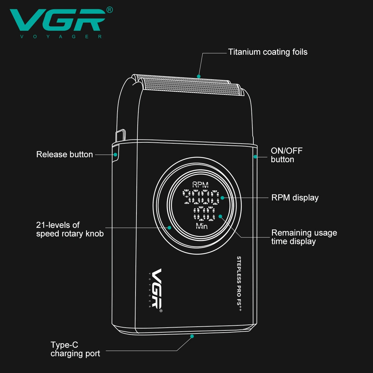 VGR Shaver Professional Razor Rechargeable Beard Trimmer Electric Shaver Digital Display Trimmer 9000 RPM Shaver for Man V-377