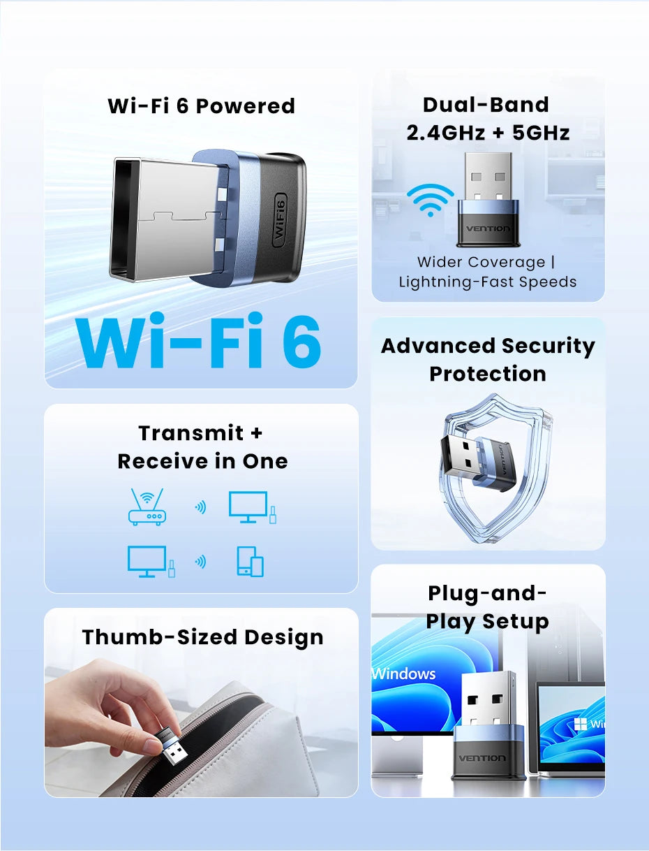 Vention WiFi 6 AX900 USB Adapter | Dual‑Band 2.4/5GHz Wireless Dongle for Windows PC & Laptop