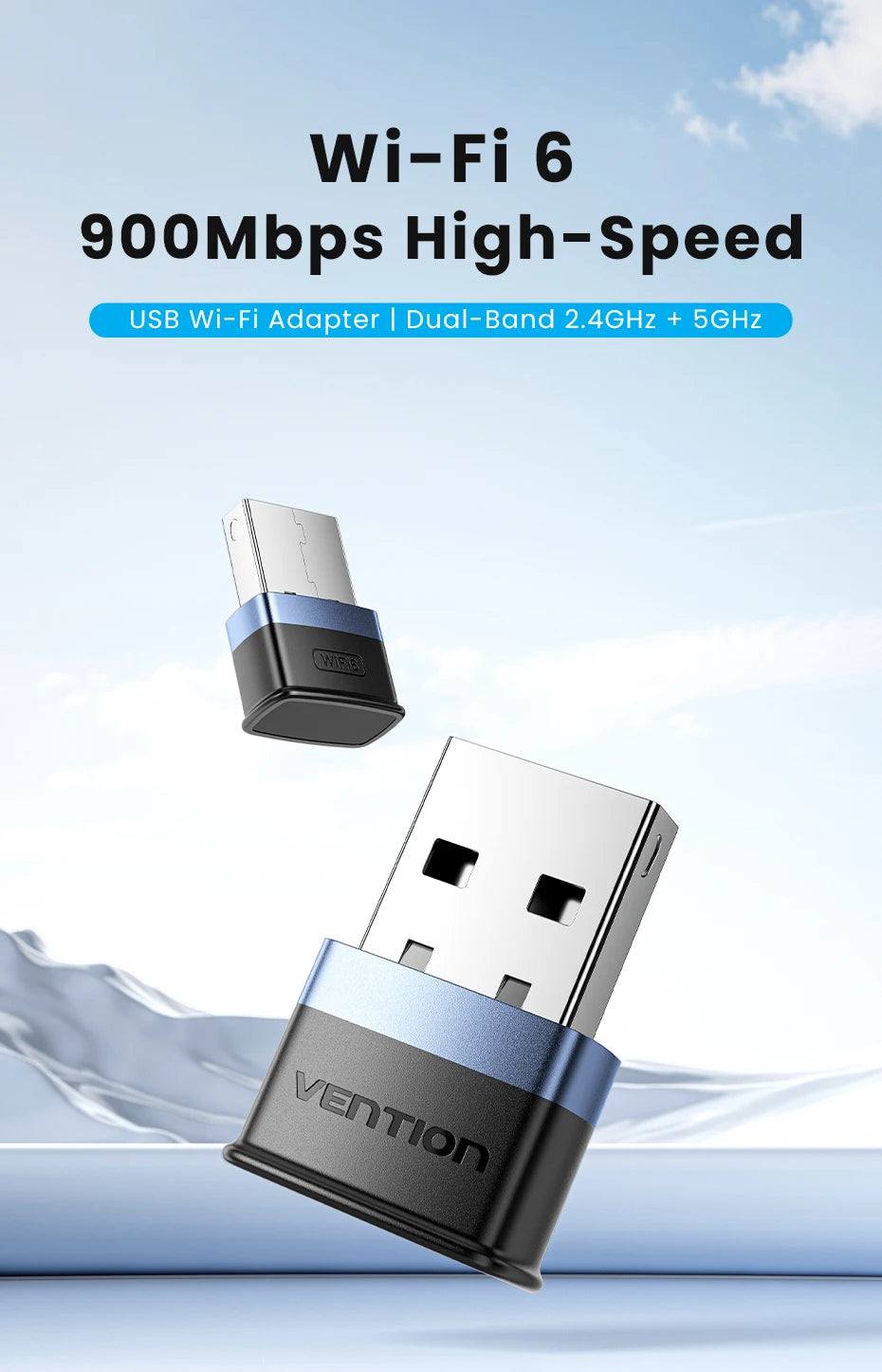 Vention WiFi 6 AX900 USB Adapter | Dual‑Band 2.4/5GHz Wireless Dongle for Windows PC & Laptop