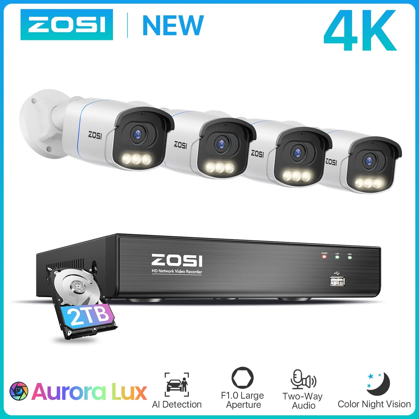 ZOSI 4K 8MP PoE Security Camera System – Aurora Lux Full‑Color Night Vision | 5MP/8MP Outdoor/Indoor