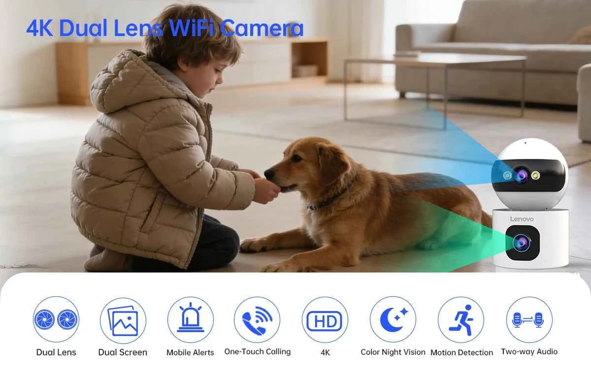 Lenovo 4K PTZ WiFi Camera Dual Lens Home Indoor CCTV Surveillance Camera Auto Tracking Security Protection Smart Baby Monitor - Limetastore