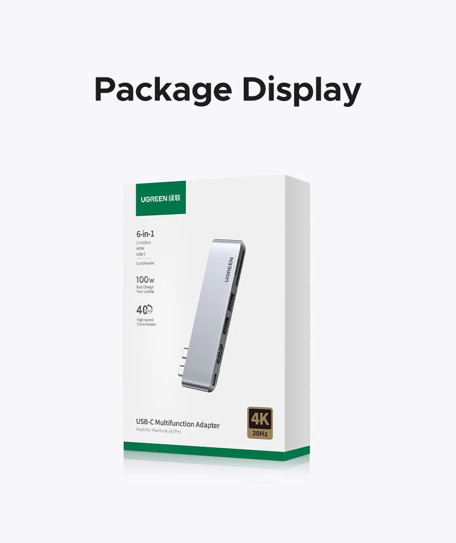 UGREEN 6‑in‑2 USB‑C Hub for MacBook Pro/Air with Thunderbolt 3, 4K HDMI, SD/TF, USB 3.0