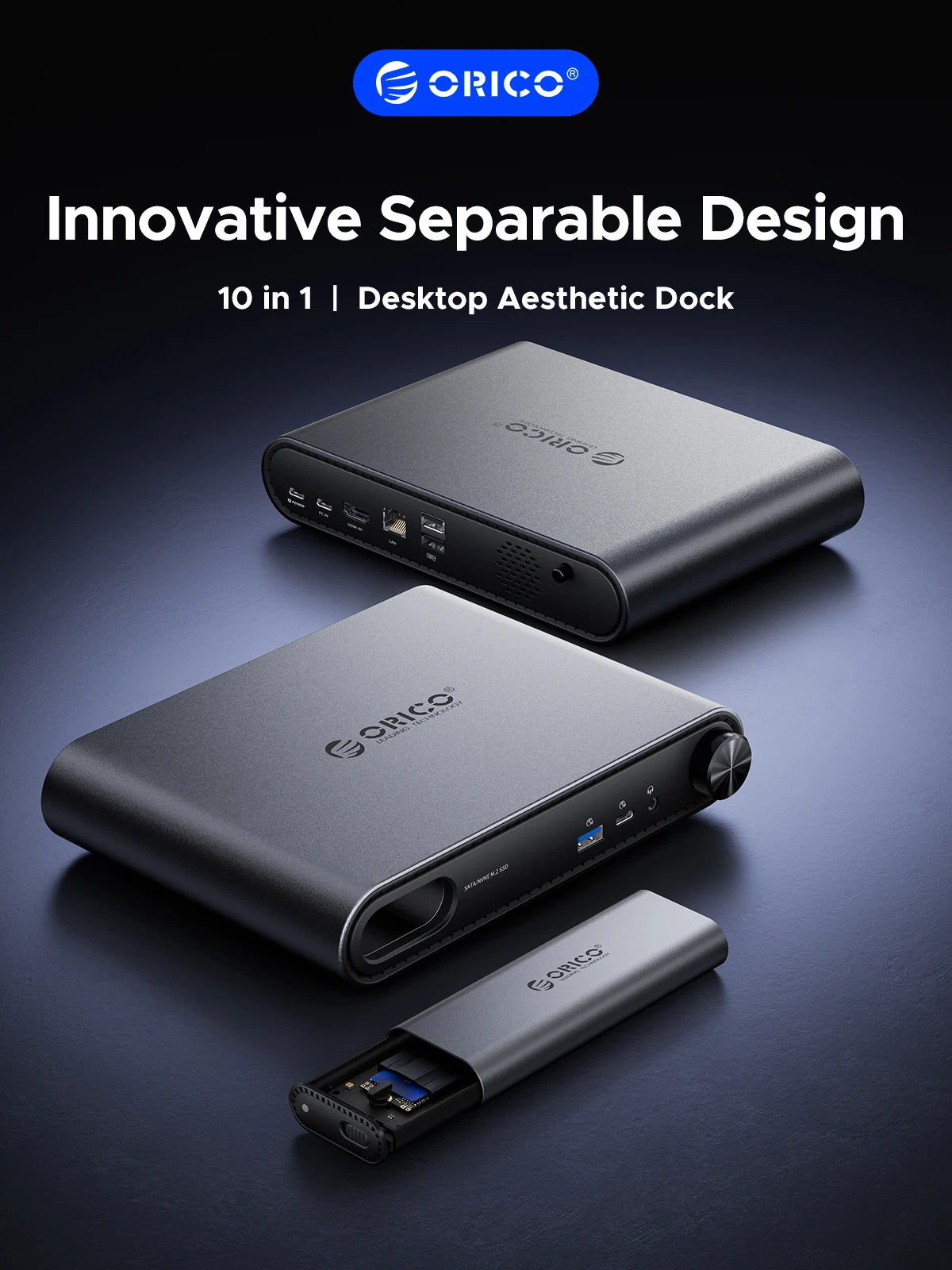 ORICO 10‑in‑1 USB‑C Docking Station with M.2 NVMe/SATA SSD Enclosure, 4K60Hz HDMI, PD100W