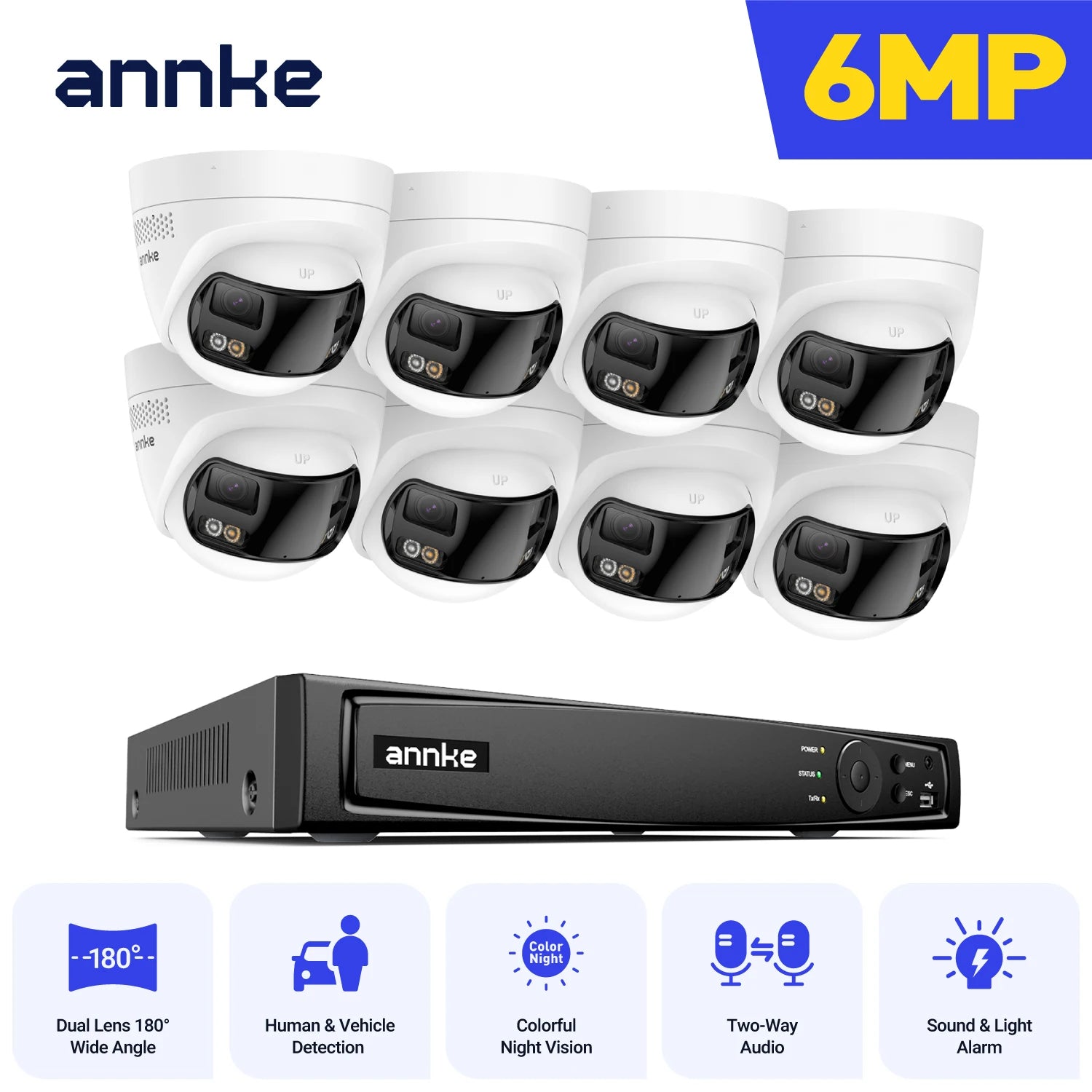 ANNKE 4K 8MP Panoramic Dual‑Lens PoE System | 8CH NVR, 180° View, IR Night Vision, 6MP Cameras
