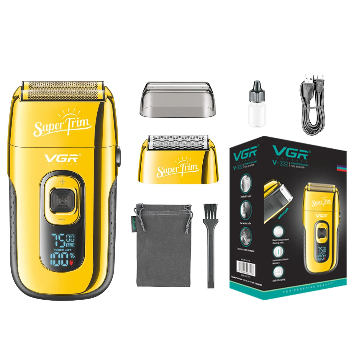 VGR Electric Shaver Professional Beard Shaver Reciprocating Bald Shaver Beard Trimmer Rechargeable LED Display Golden V-332