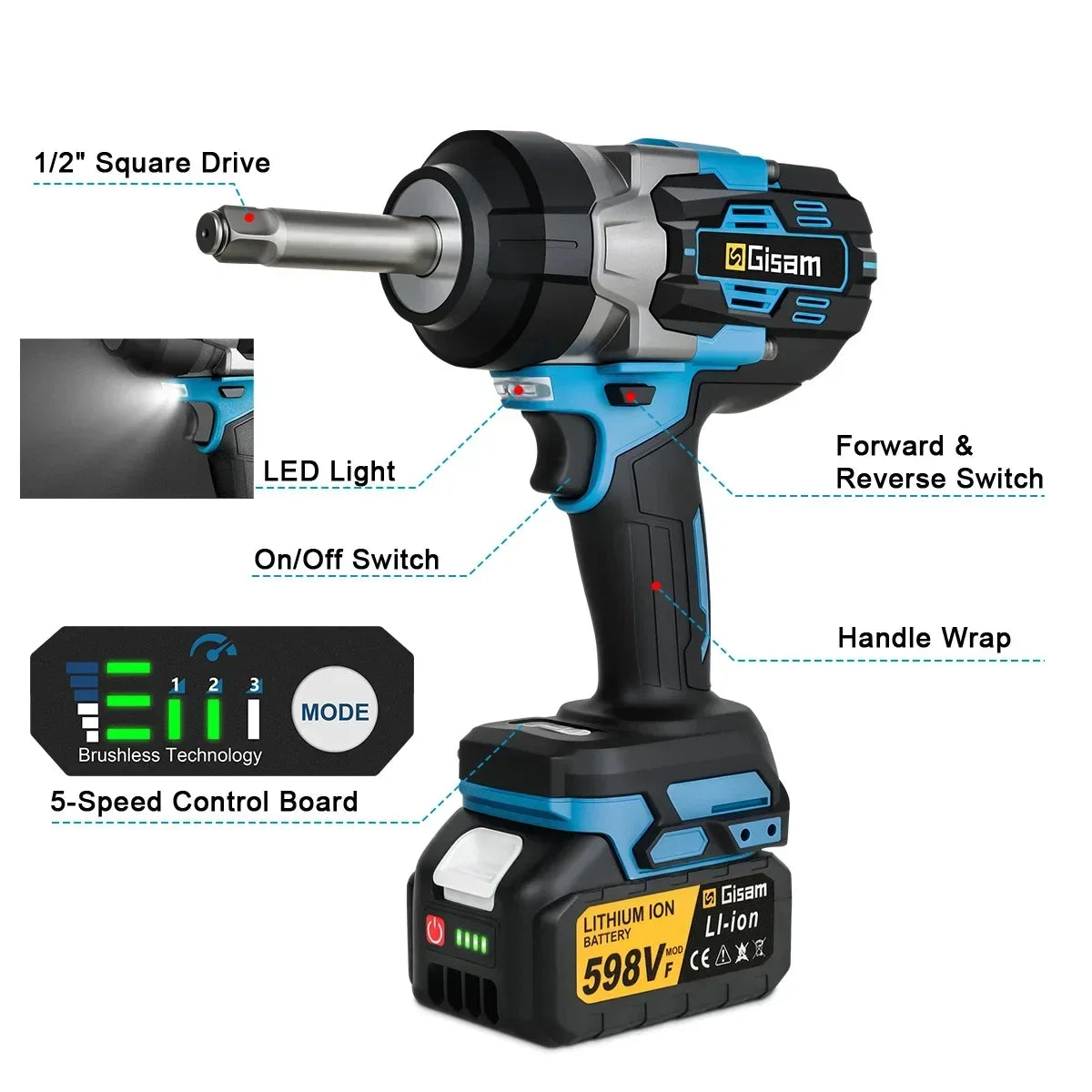 Gisam 2800N.m Brushless Extended Anvil Impact Wrench 1/2"
