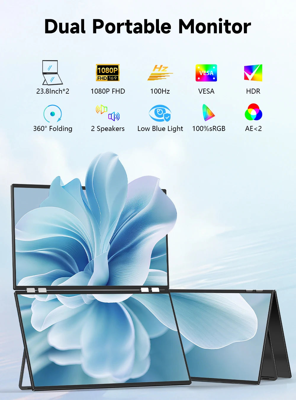 UPERFECT Delta Mega 23.8" Dual Screen Computer Monitor with 100Hz Refresh Rate and Built-in Speakers for Laptop, Desktop PC, MAC, and Phone Extended Play - Limetastore