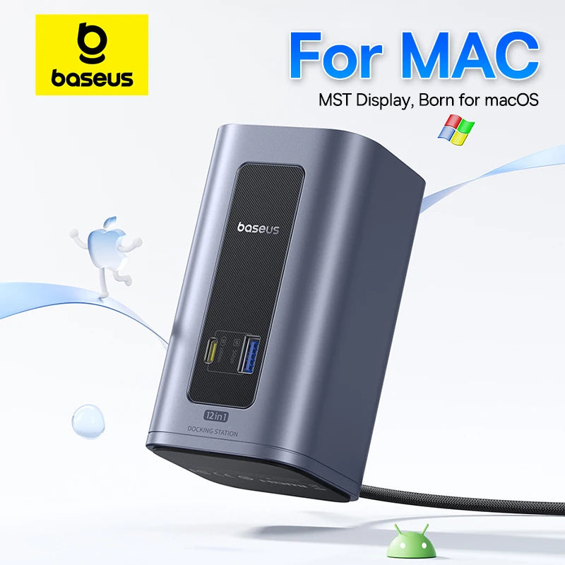 Baseus 12‑in‑1 USB‑C HUB | DisplayPort + HDMI 4K@60Hz MST, USB 3.2, RJ45, PD 100W Docking Station