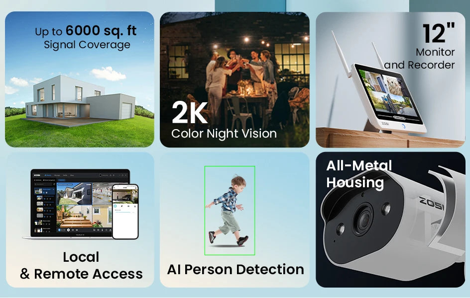 ZOSI 2K Wi‑Fi 6 8CH Security Camera System – 12'' LCD Monitor, 3MP Indoor/Outdoor Plug‑in WiFi Cameras