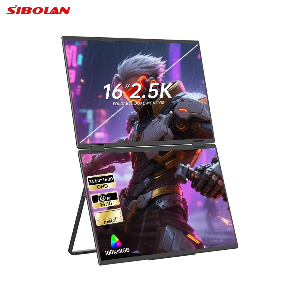 Sibolan 16 inch 2.5K Dual Screen Portable Monitor 2560*1600P 60Hz Foldable Extender USB-C HDMI Ports For Laptop Mac & Wins - Limetastore