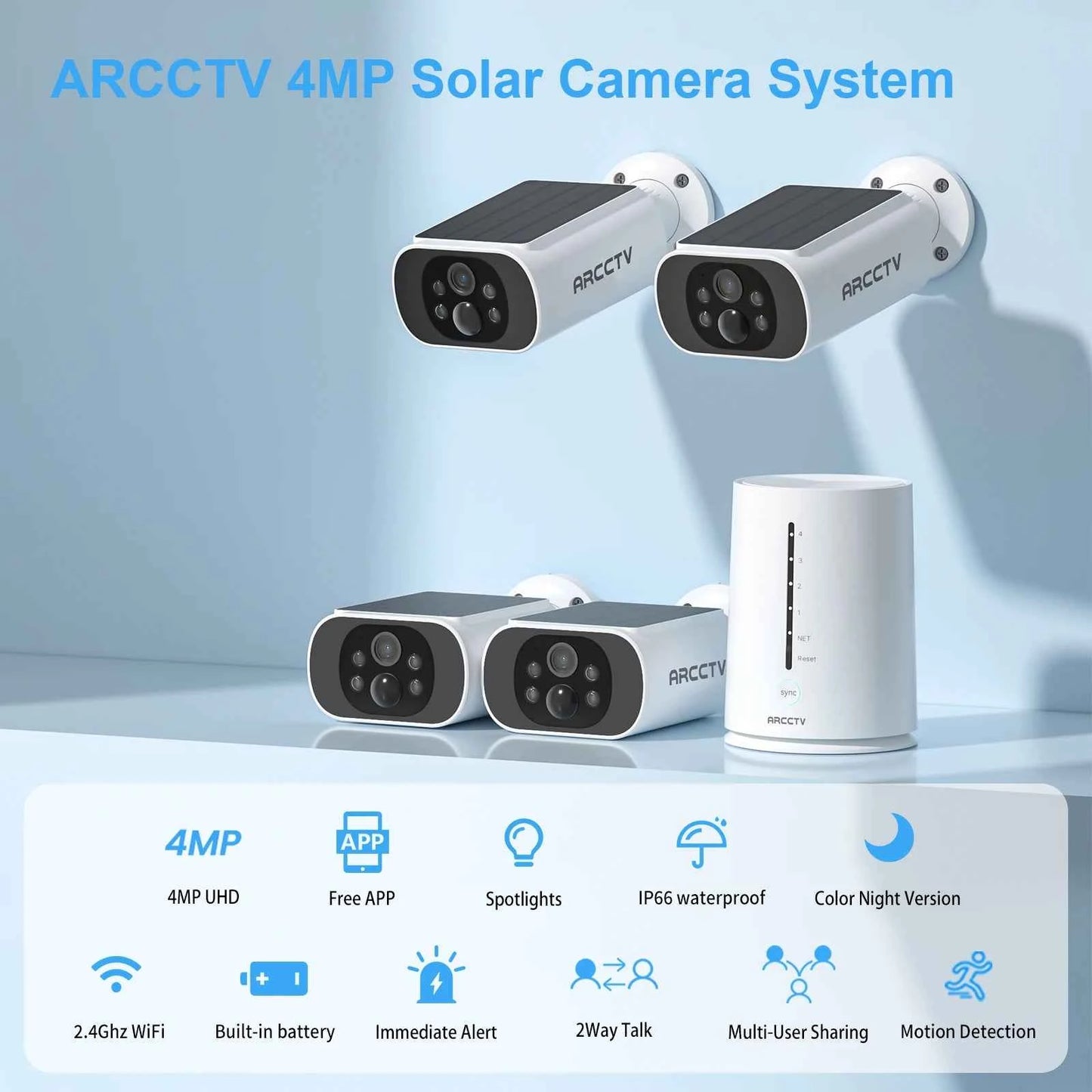ARCCTV 2K Solar Wifi Battery Camera Kit Surveillance Security System Humanoid Detection Siren Alarm Outdoor Wireless Camera Set - Limetastore