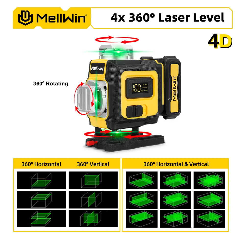 MELLWIN 16 Lines Laser Level APP Remote Control Selfleveling 360 Horizontal & Vertical Laser level With 6Ah Big Li-ion Battery - Limetastore