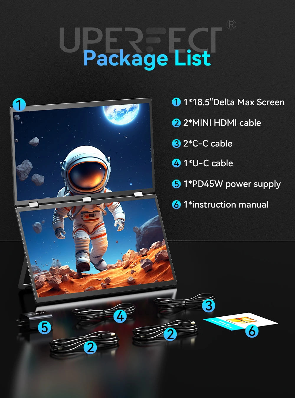 UPERFECT 100Hz Dual Screen Monitor 18.5" Laptop Folding Display w/ USB C Mini HDMI VESA Stand for Mac Phone Desktop - Limetastore