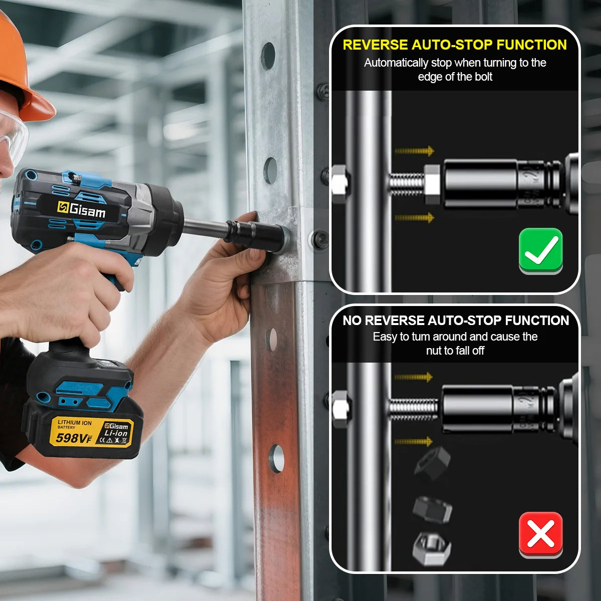 Gisam 2800N.m Brushless Extended Anvil Impact Wrench 1/2"