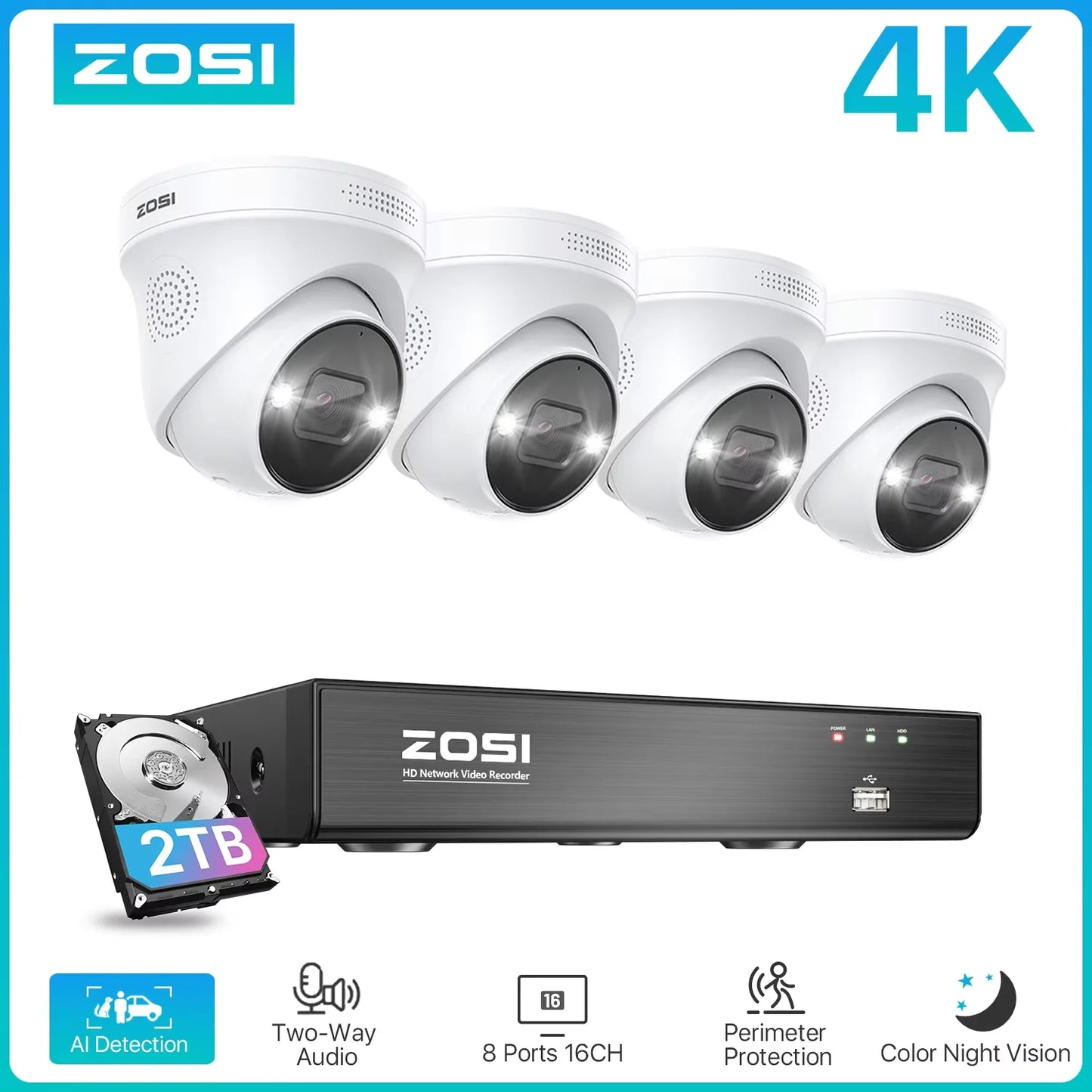 ZOSI 4K 8MP PoE Security Camera System – 8CH H.265+ NVR with 5MP/8MP Outdoor IP Cameras | AI Human/Vehicle Detection & Full‑Color Night Vision | Home & Business CCTV Kit